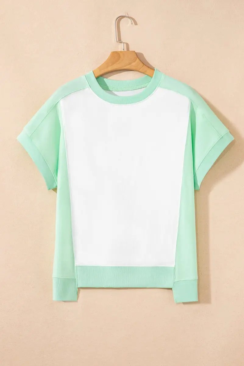Light Green Color Block Exposed Seam Crew Neck T Shirt - Love Salve